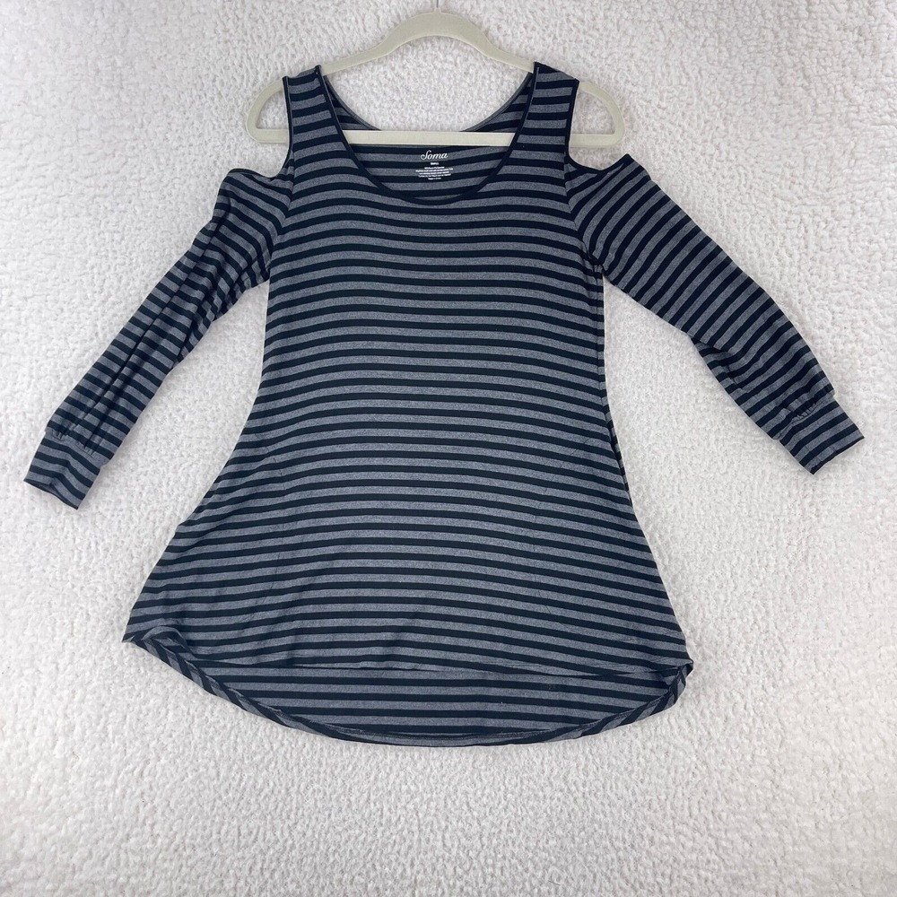 Soma Gray Striped Cold Shoulder‎ Shirt Womens Long Sleeve Pullover Size Small
